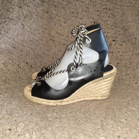 ROMENA-Black Leather-Gladiator Espadrilles-Striped Lace-Size 39-Excellent - Picture 2 of 7